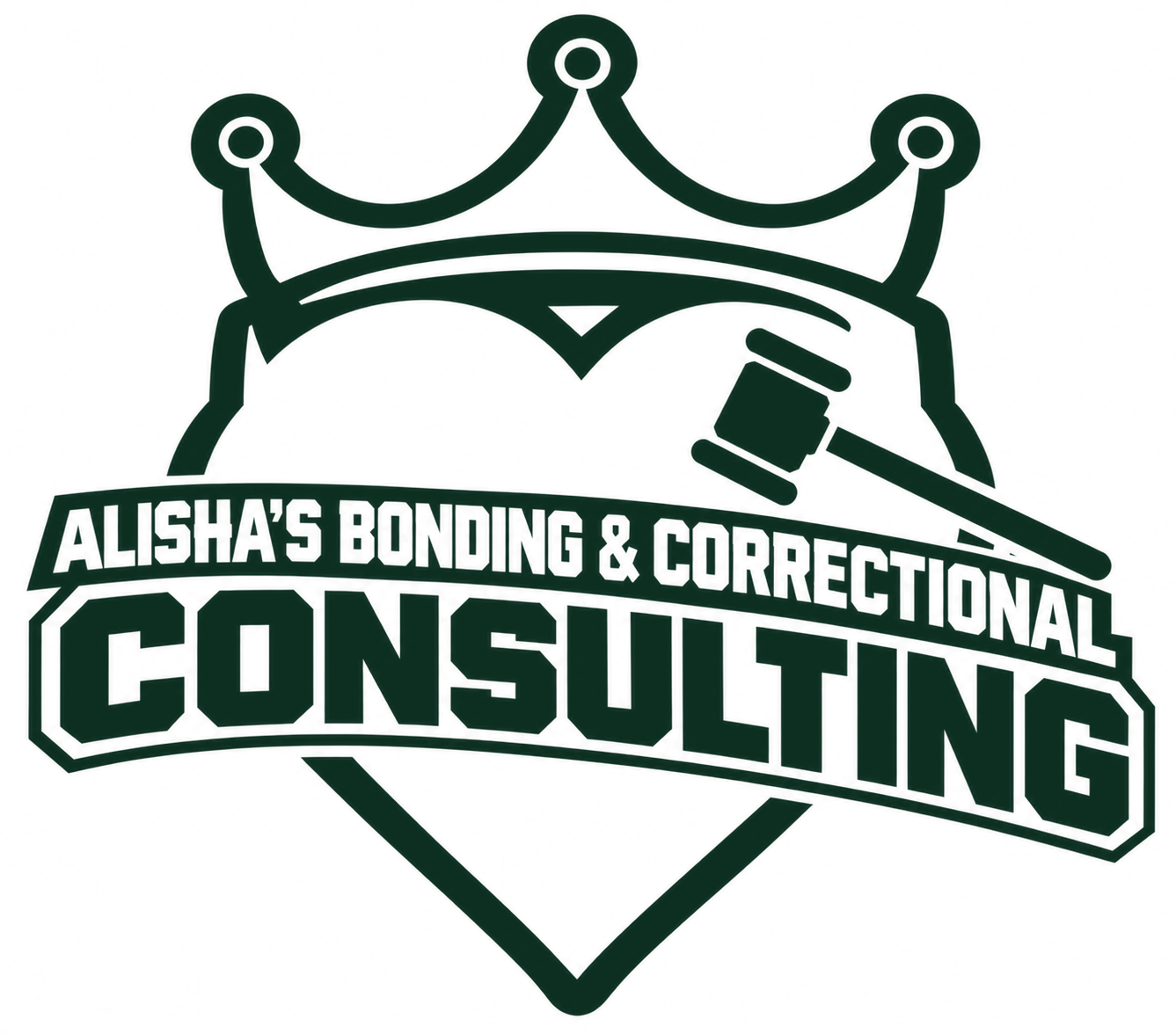 Alisha's Bonding & Correctional Consulting logo: a crowned shield with a gavel