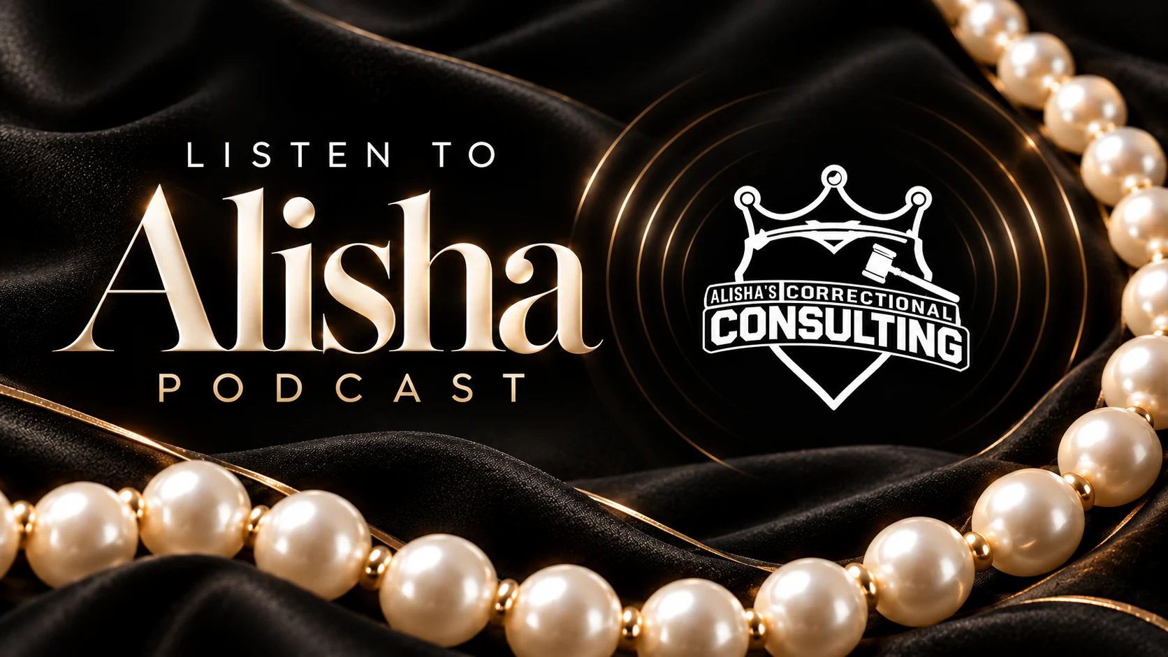 Alisha Podcast cover artwork on black silk with a pearl necklace